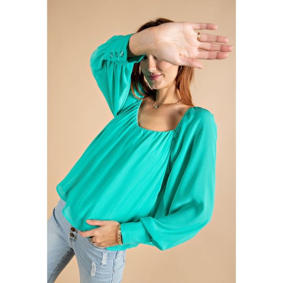 Easel Atlantis Green Buttoned Cuffs Loose Fit Chiffon Lightweight Lined Blouse - Picture 3 of 5